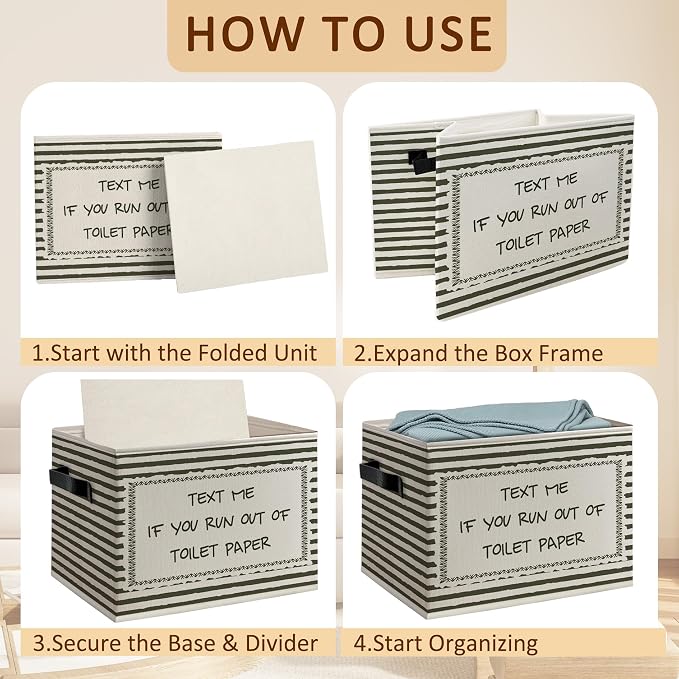 Text Me If You Run Out of Toilet Paper Bathroom Foldable Storage Bins Box with Handles, Funny Neutral Striped Decorative Storage Boxes Baskets Organizer for Washroom Guest Bathroom