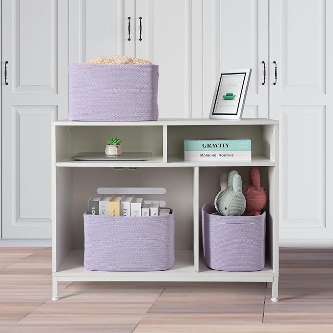 XUANGUO Woven Cotton Rope Storage Baskets 15x10x9.3" 3 Pack Purple Lavender | Decorative rectangular storage baskets for shelves and closets; storage bins organize clothes, toys, books and nursery items.