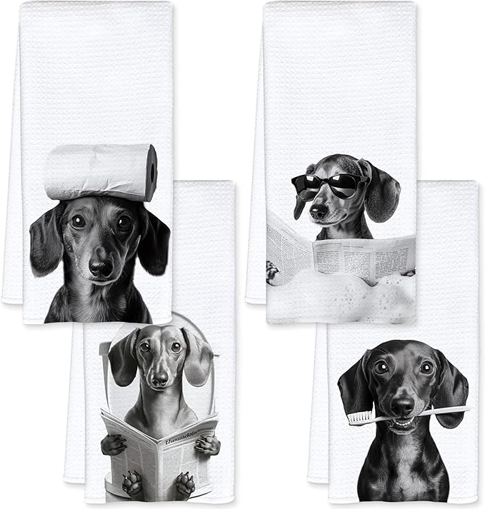 Funny Dachshund Bathroom Hand Towels, Dachshund Gifts for Women, Black and White Cute Weiner Dog Hand Towels for Bathroom Washroom Restroom Decor, 16x24 Inch, Set of 4