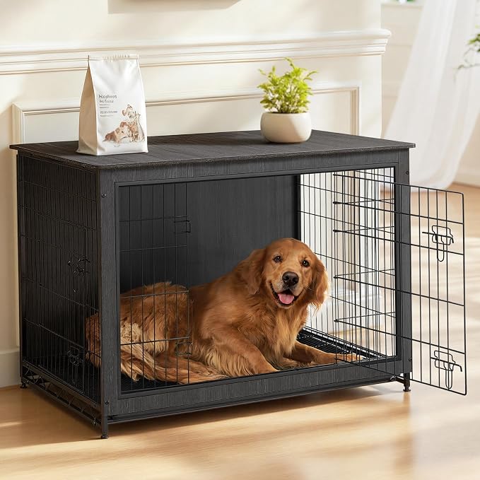 Feandrea 44.1" Dog Crate Furniture, Indoor Dog Cage Side End Table, XL Pet Wood Kennel for Large and Medium Dogs up to 80 lb with Multi-Purpose Removable Tray, Double-Door Pet House, Ink Black