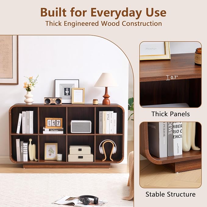 Cube Storage Organizer with Base, 8 Cube 2-Tier Bookcase, Wooden Floor Standing Storage Shelf with Rounded Corners, Anti-Tip Kit, Low Lattice Organizer for Home Office Living Room, Walnut