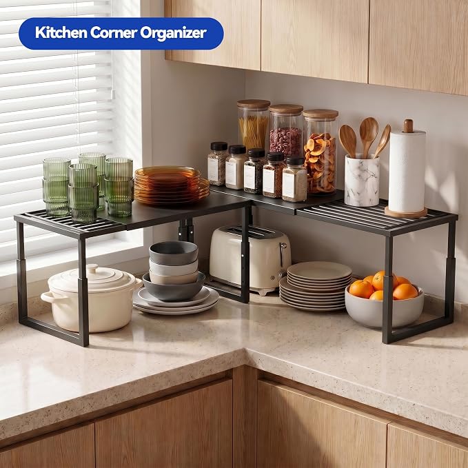 Expandable Cabinet Shelf Organizer, Stackable Countertop Shelves, Black | 15.8''- 25.5'' In Cabinet Shelf, Adjustable Kitchen Cabinet Organizer for Pantry Organizer, CupBoard Organizers and Storage