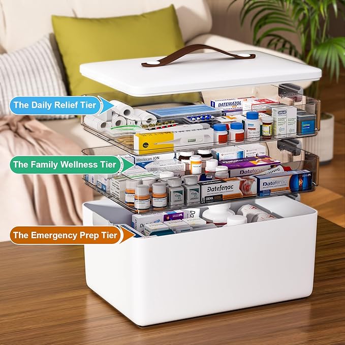 funest 3-Tier Medicine Craft,Sewing,Art,Organizer Storage,Portable Latch Bin with Lid and Leather Handle,Pill Bottle, First Aid, A Household Essential