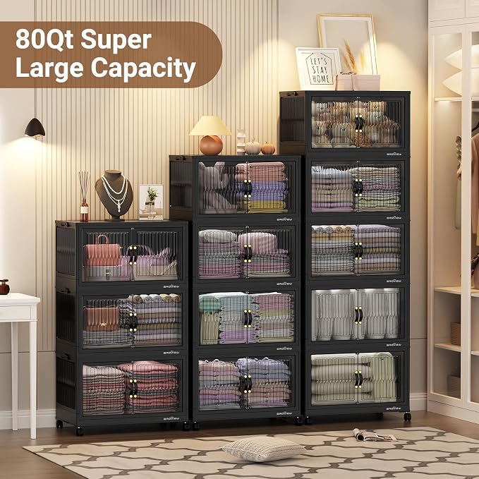 BROVIEW 320Qt Stackable Storage Bins with Lid for Home Dorm, 4Pack Black | Closet Organizers, Foldable & Collapsible Cabinets, Large Containers, Wheels & Magnetic Doors, Plastic Drawers for School
