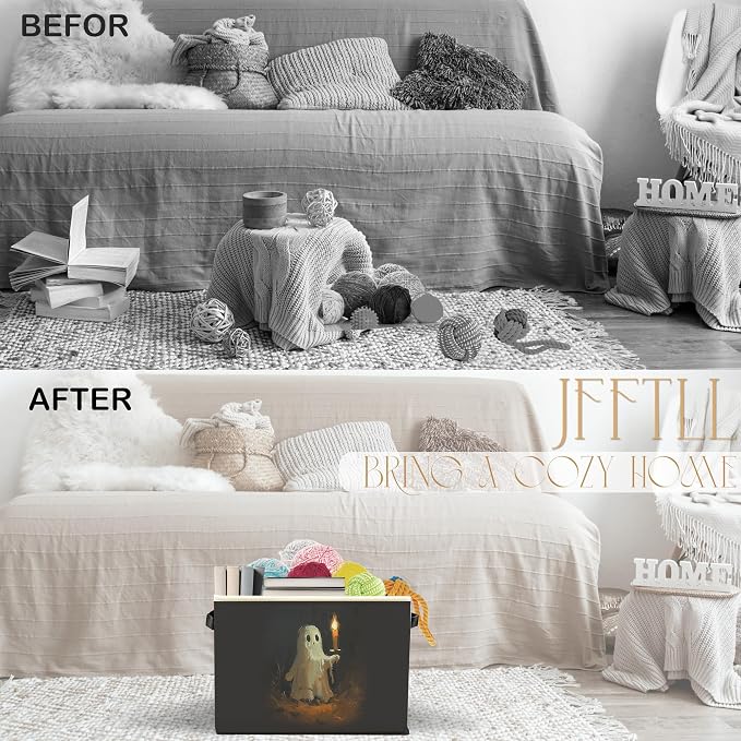 Halloween Ghost Storage Bins with Handles, Halloween Room Decor, Cute Spooky Ghost Candle Collapsible Laundry Basket Storage Box for Home Bedroom Bathroom Clothes Toys Books