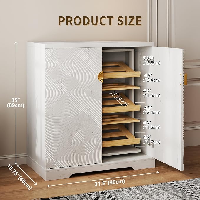 Vlsrka Shoe Storage Cabinet with Doors and 6 Tier Rotating Shelves, White | Suitable for 18 Pairs Shoe Organizer, Freestanding, Pull Out Shoe Rack, Wooden Entryway Cabinet for Hallway, Closet, Indoor