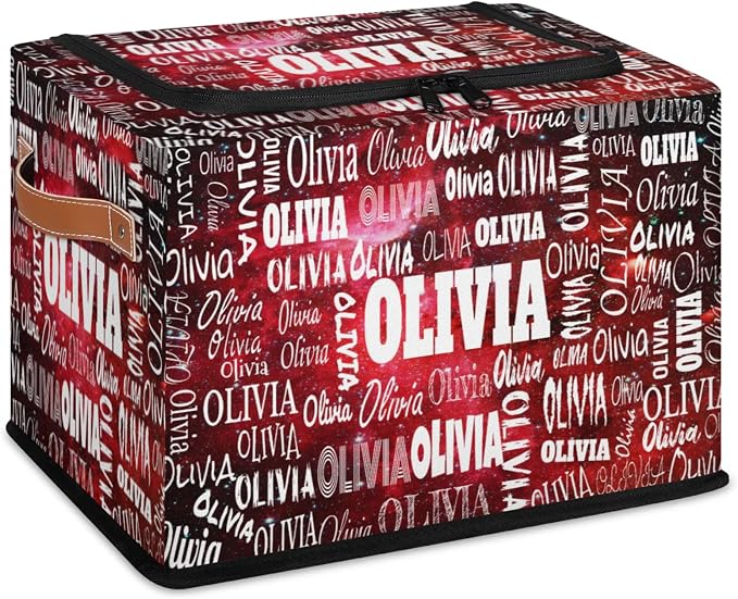 Personalized Kids Toy Box with Name, Custom Nursery Baskets Cubes Box with Zipper Lid, Kids Custom Storage Basket Laundry Baskets Organizer with Handles, Watercolor Red Universe