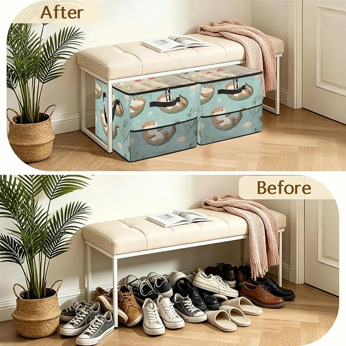 TropicalLife Cute Floating Otters Shoe Organizer for Closet | Jellyfish Seaweed Foldable Shoe Storage Organizer Box Bin with Adjustable Dividers and Clear Cover, Fits up to 16-32 Pairs