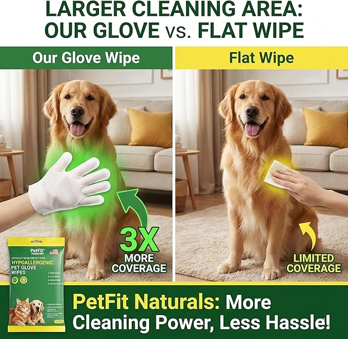 5-Finger Grooming Glove Wipes for Dogs & Cats, Extra Thick Waterless Bath & Deodorizing, Hypoallergenic Rinse-Free Cleaning for Senior, Post-Surgery & Travel - 6 Count (6pcs)