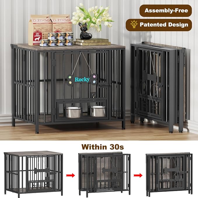Easycom 27" Foldable Dog Crate Furniture, No Assembly, Oak Grey | Decorative Wooden Dog Kennel Indoor with Adjustable Bowls and Name Tag, Small Dogs (Under 20 lbs), End Table