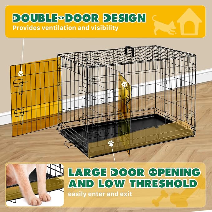 Medium Dog Crate 36 Inch, Metal Wire Foldable Dog Cage Kennel | Double Door, Secure Lock, Plastic Leak-Proof Pan Tray, Indoor Outdoor Training Pet