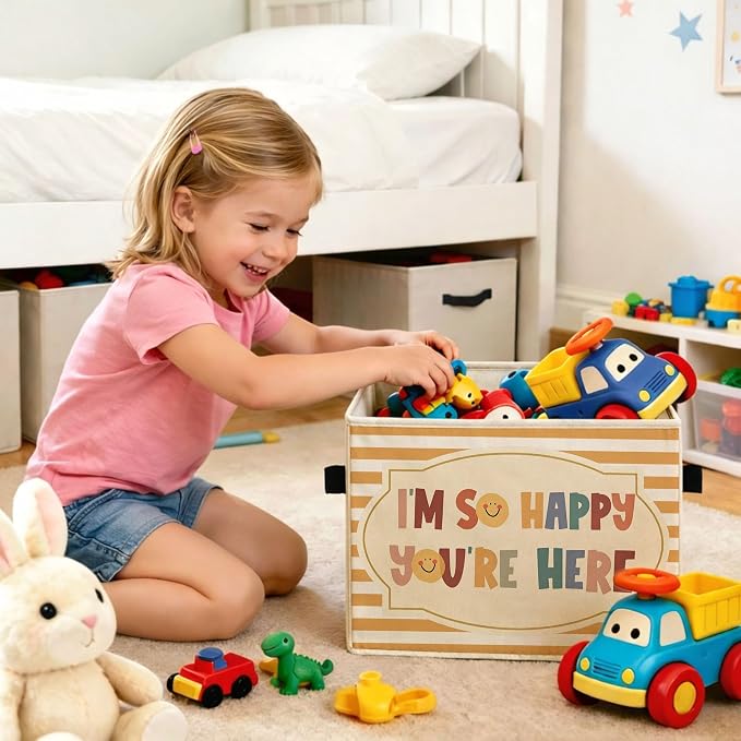 Welcome Storage Bin, Foldable Fabric Basket for Kids Room Classroom | Foldable fabric storage bin with welcome quote design for toys, books, clothes, nursery, classroom, and playroom use.