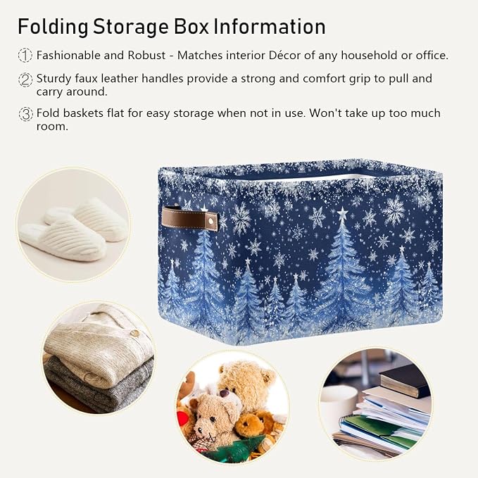 Blue Christmas Tree Storage Basket with Waterproof Liner and PU Handles Sliver Winter Snowflake Xmas Storage Boxes 14.2" Collapsible Decorative Organizer Baskets for Bedroom Closet Office 2 Pack