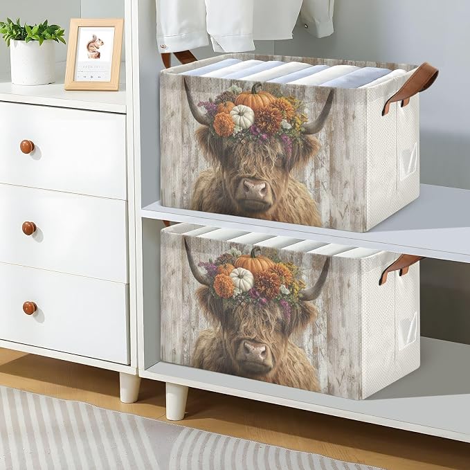 Rustic Pumpkin Fall Highland Cow Storage Basket Foldable Cube Storage Bins with Handles&Label Waterproof Organizer Box Bin Large Rectangle Decorative Baskets for Shelves Home Room Laundry Party-2 PC