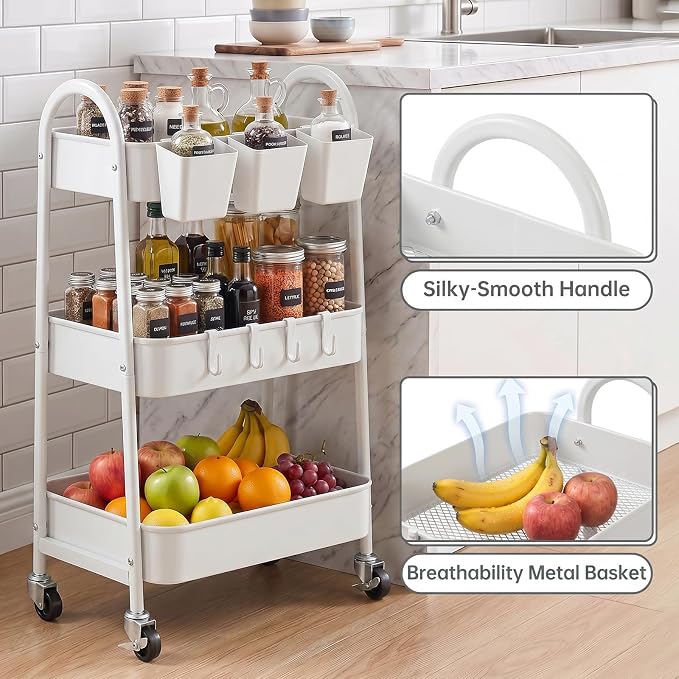 danpinera 3-Tier Rolling Cart, Utility Cart Mobile Metal Rolling Storage Cart with Lockable Wheels & Hanging Cups & Hooks for Kitchen, Bathroom, Office, Workshop, White