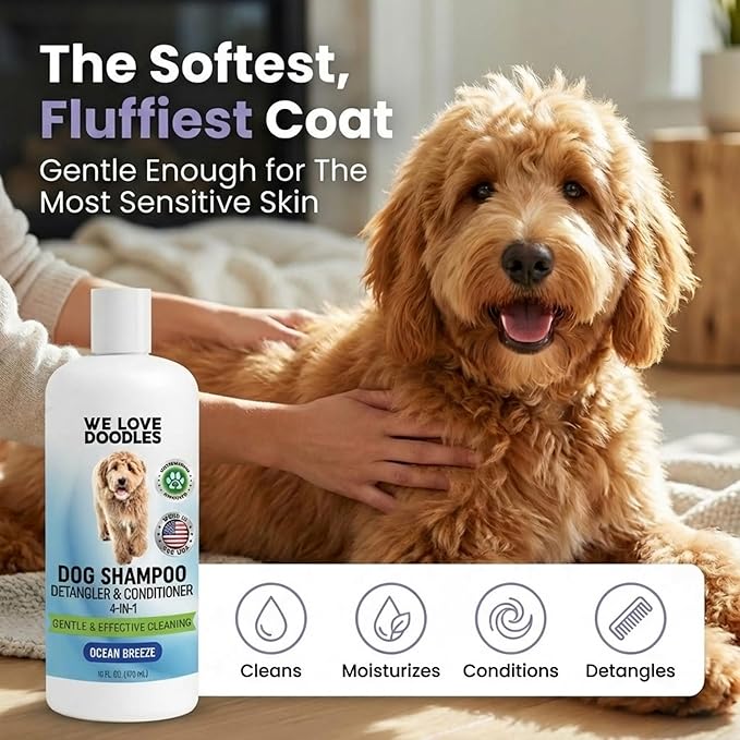 Dog Shampoo, Conditioner & Detangler-Best Shampoo for Goldendoodles, Poodles & Doodles Pet Hair -Hypoallergenic, Tearless, Sensitive Skin for Puppies & All Dog Breeds -Made in USA,16OZ (Ocean Breeze)