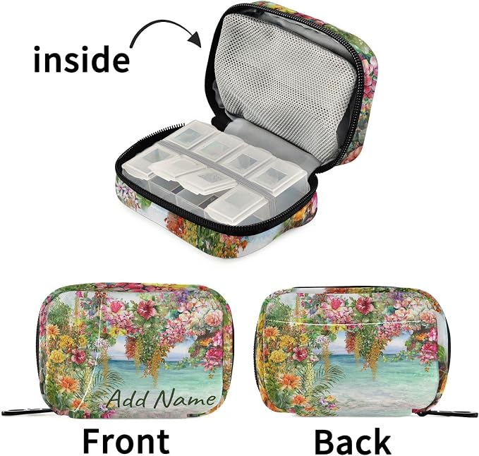 Custom Pill Box 7 Day Pill Case Bag Oil Painting Hawaii Flowers Personalized Name Travel Pill Organizer Bag with Zipper Portable Weekly Case Compact Size for Vitamin Supplement Holder