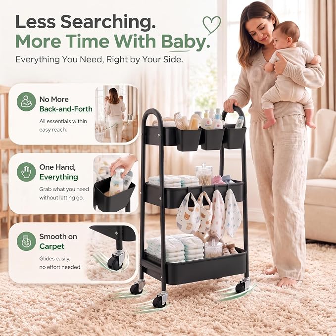 3 Tier Rolling Cart Metal with Wheels, Heavy Duty Three Tiered Rolling Storage Cart on Wheels, Black Utility Roller Carts Organizer for Baby, Art, Craft, Snack,Book, Nail, Diaper Caddy, Cleaning, Dorm