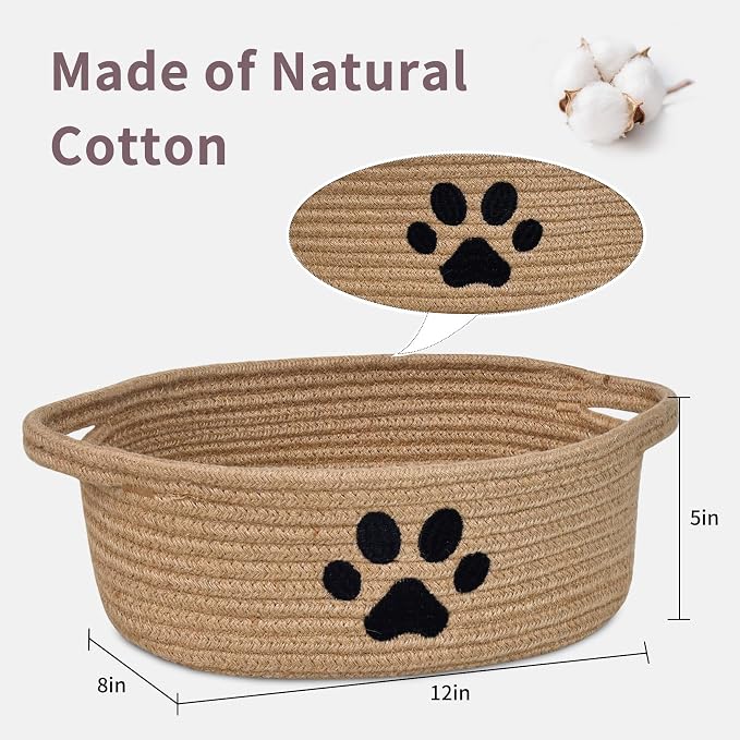 ABenkle Small Woven Basket with Handle, Cute Dog Baskets for Gifts Empty, Decorative Rope Woven Storage Dog Toy Basket, Nursery Baskets for Baby Shower, 12" x 8" x 5"