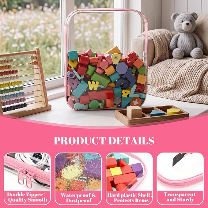 12 Pack Clear Hard Shell Zipper Case with 40 Labels, X-Large/Medium/Small Stackable Clear Pouches, Crush-resistant Travel Toiletry Bag Organizer for Makeup Board Games Electronics (Pink)