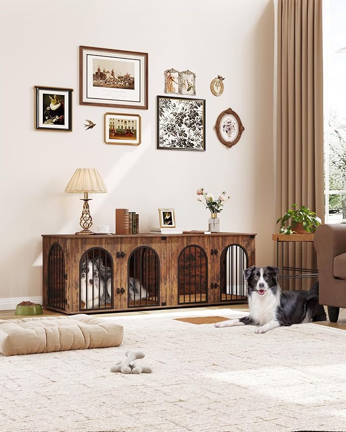 Hzuaneri 70.9" Double Dog Crate Furniture, Dog Kennel Indoor with Cushion | Heavy Duty Dog Crate Furniture for 2 Dogs,Dog Cage End Table TV Stand with Divider for Med-Large Dogs,Rustic Brown DFC81901B