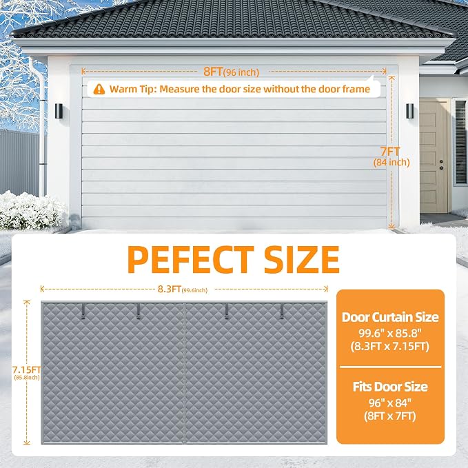 Car Garage Door Insulation Kit Fits 8x7 FT, Magnetic Thermal Insulated Door Curtain for Winter, Thermal Door Cover for Cold with Thickened Cotton, Garage Door Screen for 1 Car - Gray