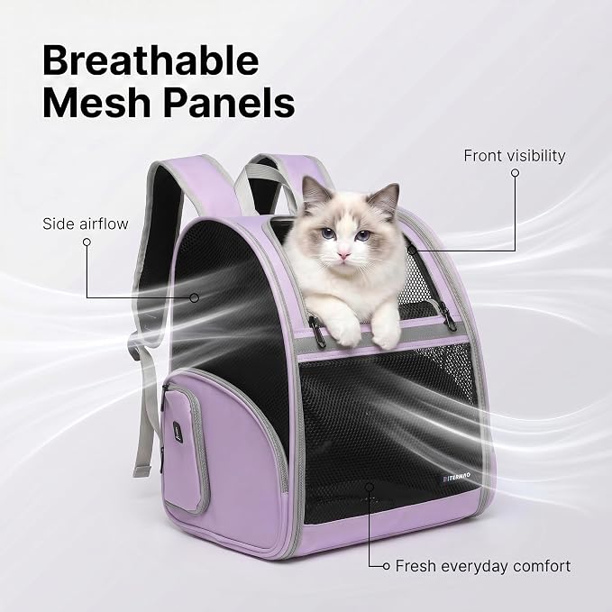 Cat Backpack Carrier for Small Dogs and Medium cat Puppy Kitten Bunny Pet Carrier Backpack Collapsible with Fully Ventilated Mesh with Safety Leash (Purple, 12.9" L x 10.62" W x 15.5" H - M)