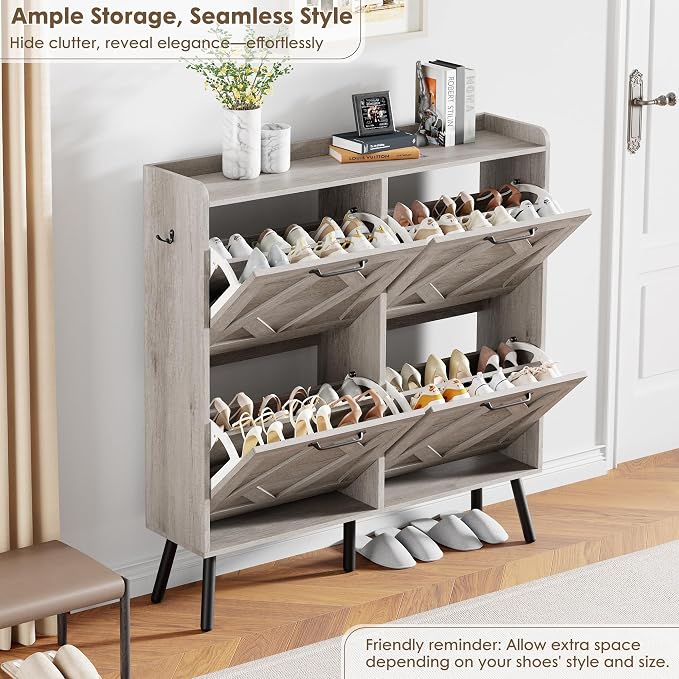 Shoe Cabinet with 4 Flip Drawers, Freestanding Shoe Organizer Cabinet, Farmhouse Narrow Shoe Storage Cabinet for Entryway, Foyer, Hallway