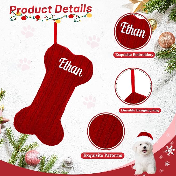 Personalized Pet Christmas Stocking,18 inch Custom Name Knit Christmas Stockings for Dog，Large Bone Xmas Stockings (Set of 3)