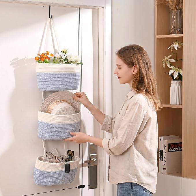 ICERZCZ Hanging Baskets for Organizing, Over the Door Decorative Storage Organizer, Nursery Decor Organization, 3-Tier Wall Basket for Entryway Playroom Bathroom Closet, Light Blue & Off White