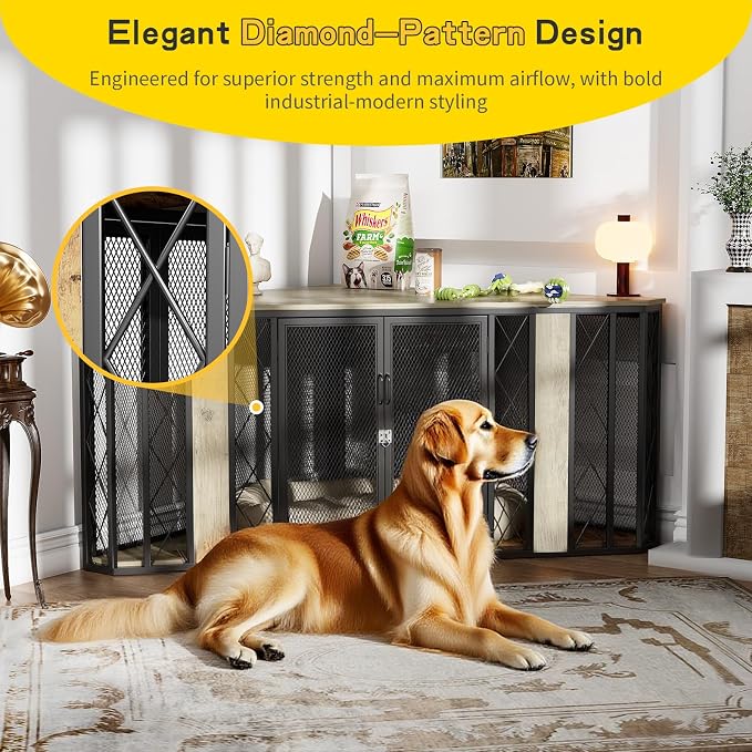 Spacesea XL Corner Dog Crate Furniture, 67" Wooden Corner Dog Kennel, End Table & TV Stand, Chew-Proof, Large Breed Dog Cage for Living Room, Grey