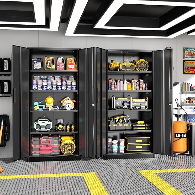 Greenvelly Metal Storage Cabinet, 72" Black Metal Locking Storage Cabinet with Doors and 4 Adjustable Shelves, Large Steel Cabinet for Home Office, Garage, Shop, School (32" W x 16" D)