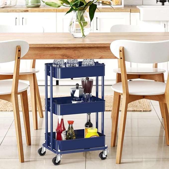 Simple Houseware 3-Tier Utility Cart, Low 24" Height Fits Under Desk, Navy | Compact & Lower Height Great for Under-Desk Space-Saving Storage for Home Office, Dining Room, or Kitchen