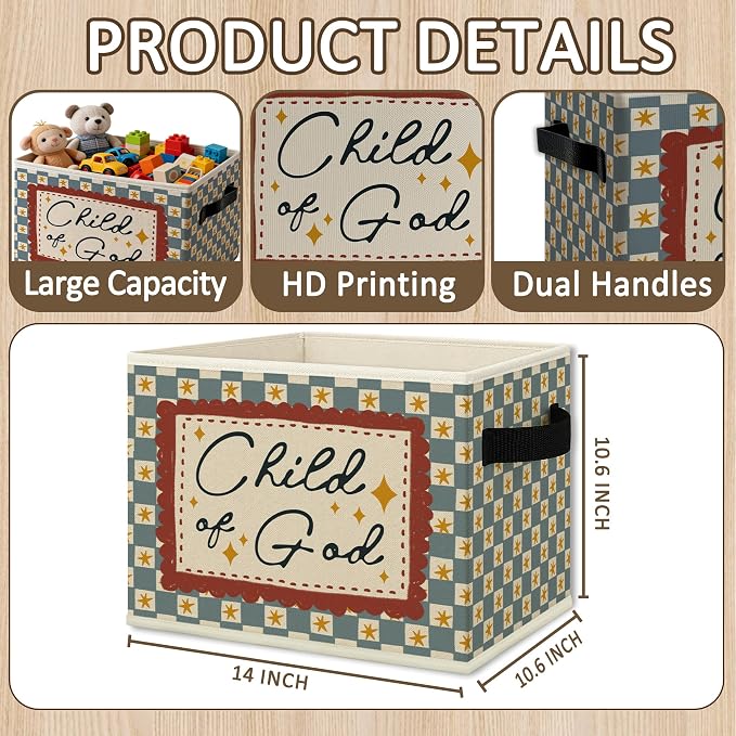 Christian Nursery Cube Storage Bins with Handles, Bible Verse Retro Checkered Collapsible Fabric Storage Basket Boxes Books Clothes Organizer for Kids Boys Girls Room Bedroom Bathroom