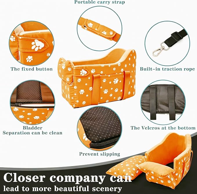 Center Console Dog Car Seat Safe Travel for Small Dogs Under 15 lbs Detachable Washable Pet Carrier with Storage Pockets & Safety Leash (Orange)