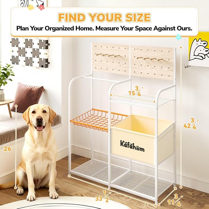 Dog Toy Basket with Pegboard, Dogs Toy Bin with Storage Organizer, All-in-One Dog Stuff Box & Essential Holder, Perfect Basket for Dog Toys in Living Room, Great Gifts for Pet Lovers, White