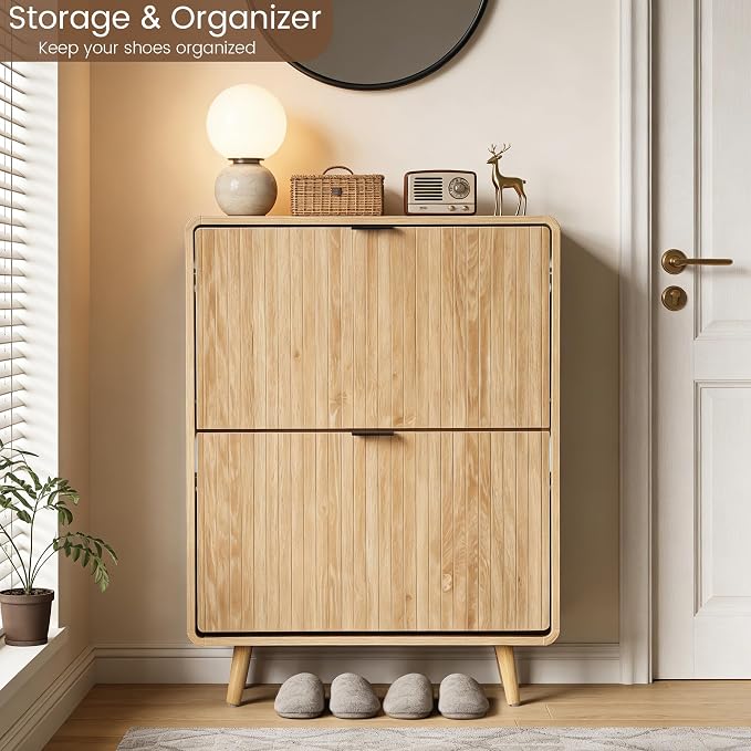 FurSch Fluted Shoe Storage Cabinet with 2 Flip Drawers | Narrow Shoe Rack Cabinet Organizer, Adjustable & Removable Shelves, for Entryway
