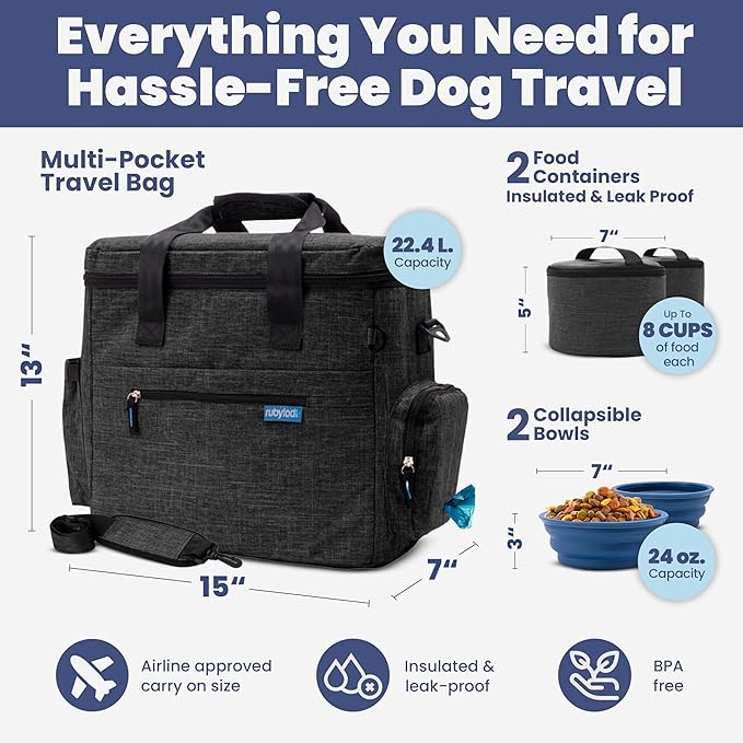 Original Doggy Bag™ Dog Travel Bag for Supplies with Travel Bowls | 2 BPA-Free Collapsible Bowls, 2 Pet Food Containers, TSA-Ready, Road Trips, Camping, Weekend Getaways, Doggy Gift, Charcoal