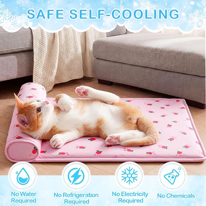 DoubleFill 4 Pack Cooling Pet Mats 23.6" x 31.5" Cooling Dog Beds with Supportive Pillow Self Ice Washable Cool Pads Summer Cat Sleeping Pad with Storage Bag for Summer Crate Floor (Large, Pink)
