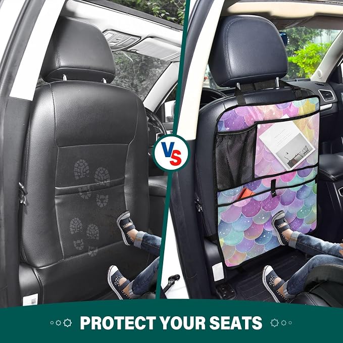 2 Pack Back Seat Car Organizer with Storage Pockets Kick Mats Back Seat Protector Hanging Car Organizer Automotive Seat Back Cover Organizers Watercolor Mermaid Scales Colors