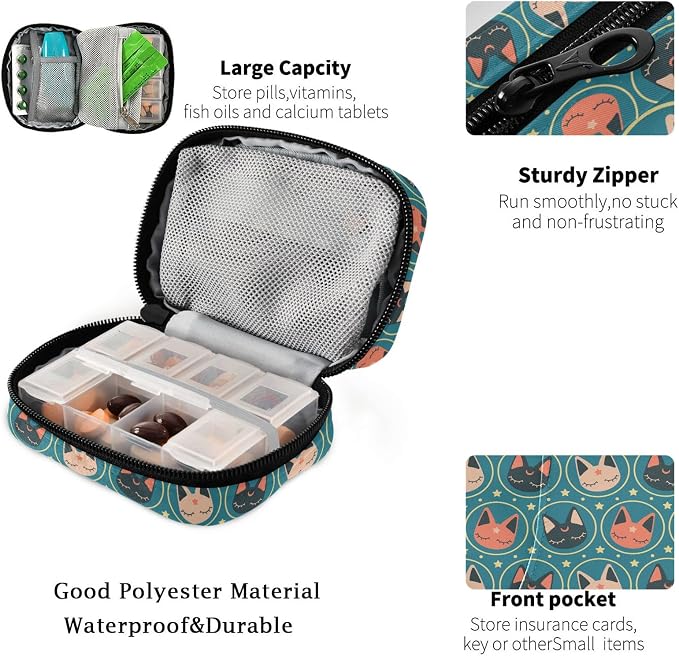Fustylead Kawaii Space Cats Pill Organizer Travel Bag, Small Portable Pill Case Cute for Vitamin Fish Oil Supplements Medicine Organizer with Zipper