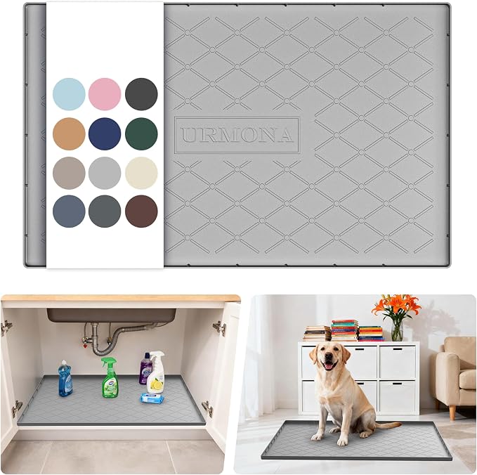 URMONA Under Sink Mat for Kitchen Waterproof, 34" x 22" Silicone Under Sink Mat for Shelf Liner Organizer, Cabinet Sink Protector Under Sink Liner for Bottom Kitchen, Bathroom(Light Grey)