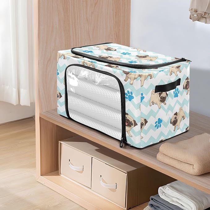 Cute Pets Pugs White pattern Under Bed Storage Containers with Double Zipper Openings, Foldable Clothes Storage Bins with Clear Window and Handles for Comforters Blankets Bedding