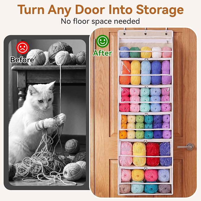 Over the Door Yarn Storage Organizer, 6-Tier Large Capacity Yarn Organizer | with Zippered Compartments & Mesh Pockets for Yarn, Needles and Crochet Hooks