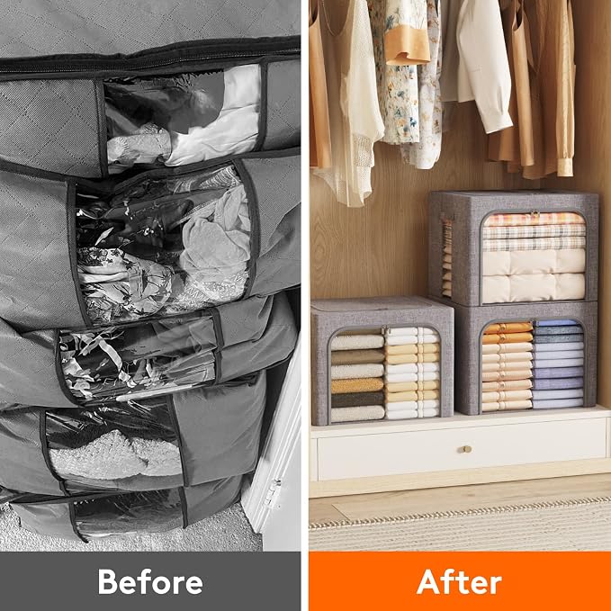 Lifewit Clothes Storage Bins with Metal Frame, Stackable Storage Box, Foldable Clothing Storage Bins with Lids, 75L Storage Bags Fabric Box Organizer with Clear Window＆ Zippers＆ Sturdy Handles 3 Pack