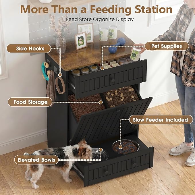 Dog Feeding Station Cabinet Elevated Bowls (Black, Classic Panel) | Slow Feeder Insert, Large food bin, Removable Divider, 3 Side Hooks, Pull-Out Drawer, Easy to Clean for Small & Middle Dogs