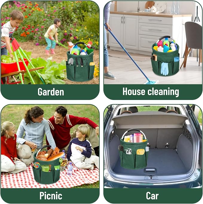 17L Portable Cleaning Bucket Organiser, 6 Pockets Foldable Cleaning Caddy with Handle Wearable Cleaning Caddy Bag for Outdoor Camping Garden Harvest Basket Home Bathroom Storage (Dark Green)