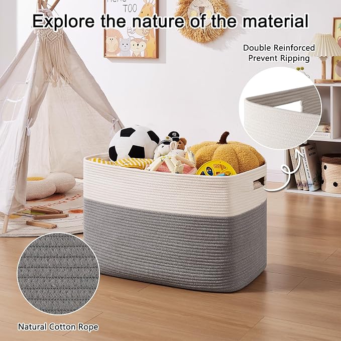 OIAHOMY 108L Extra Large Blanket Basket Dog Toy Basket Grey/White | Rectangle Woven Baskets for Storage Cotton Rope Basket For Living Room Toy Storage Blanket Storage Laundry Basket