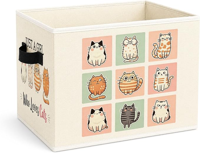 Cat Storage Bin, Cute Cartoon Cat Fabric Basket Organizer | Foldable collapsible fabric organizer for nursery, bedroom, playroom, toys, books, clothes