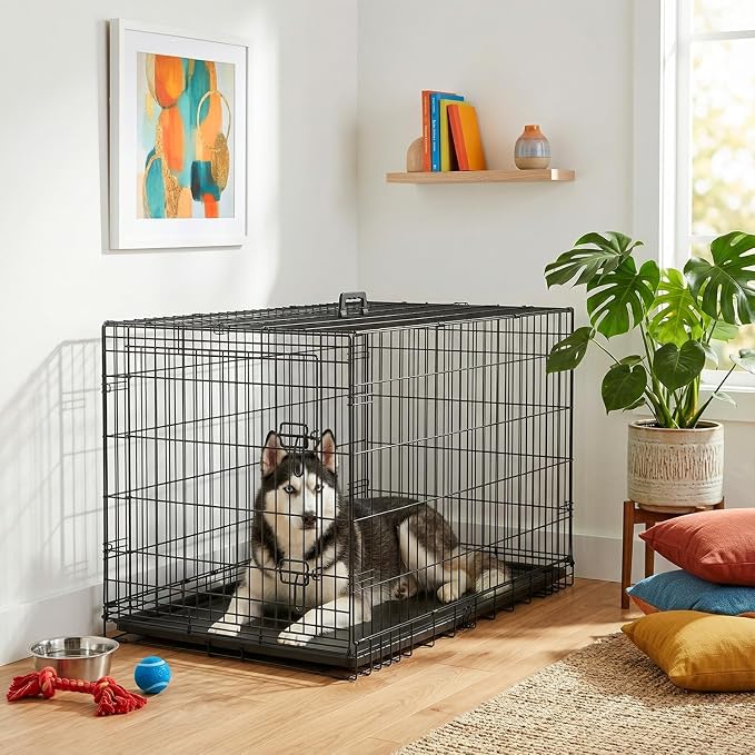 FDW Dog Crate 42-Inch Dog Cage Single Door Foldable Metal Kennel with Leakproof Tray Foldable Design Indoor Outdoor Use for Large Dogs,Dark Black